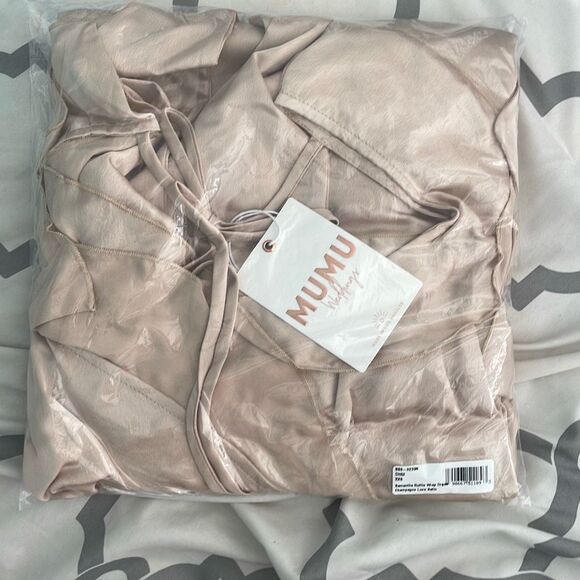 Show Me Your MuMu Samantha Ruffle Wrap Midi Dress Champagne Luxe Satin XXS - Picture 7 of 8